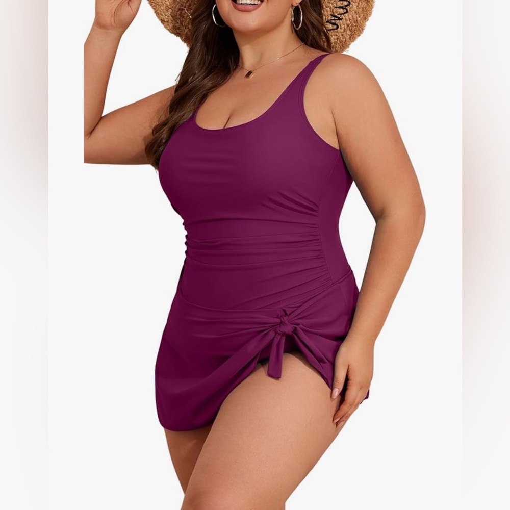 NWT Eomenie Magenta - Burgundy One-Piece Swimsuit with Swimskirt Swimdress - XL
